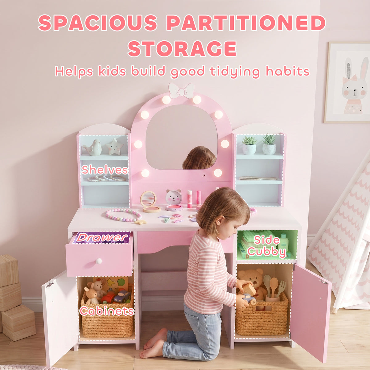 Kids Vanity Set with Lighted Mirror, Table and Stool - Pink-Toys & Games > Toddler & Kids Furniture > Kids Bedroom Furniture-DECOROLALA