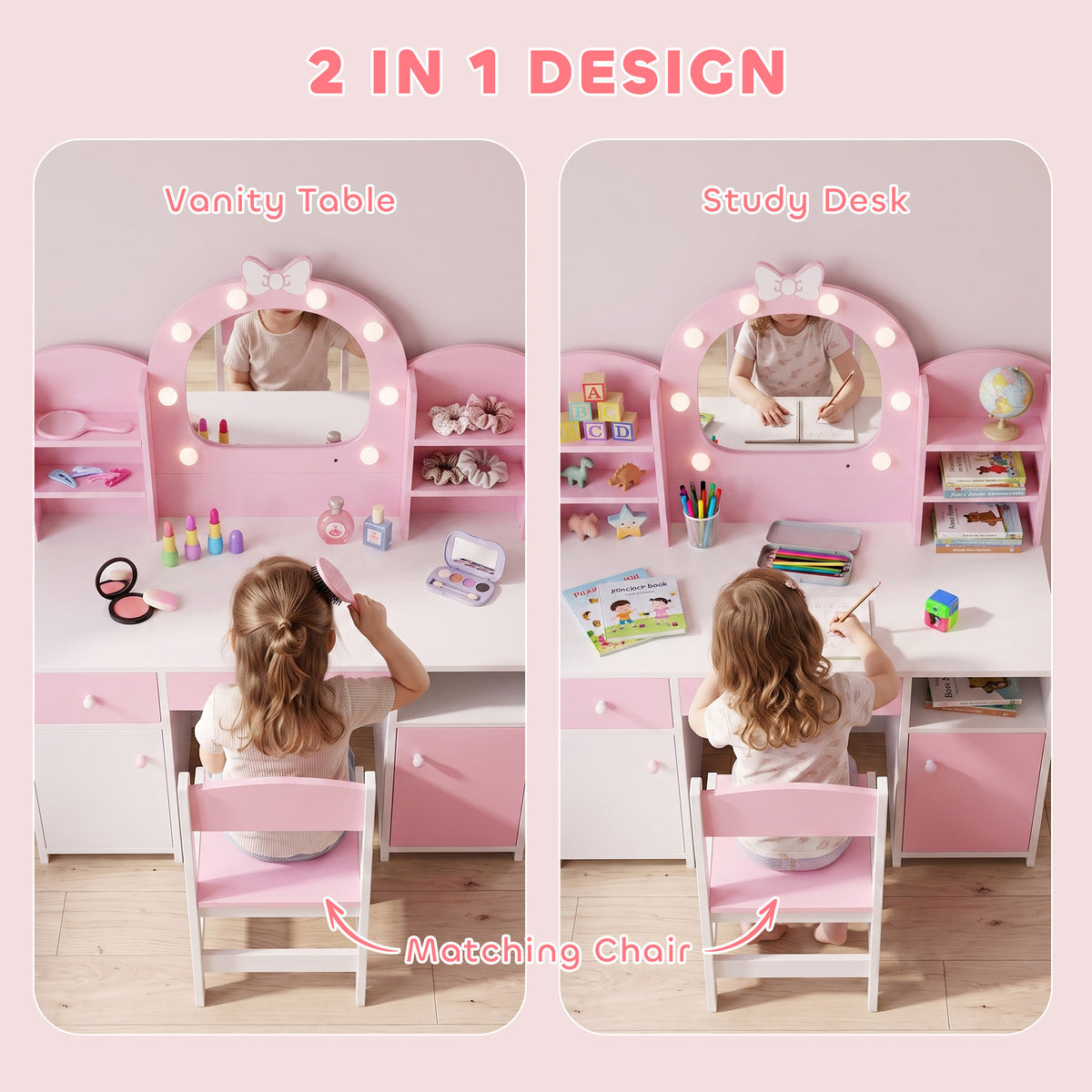 Kids Vanity Set with Lighted Mirror, Table and Stool - Pink-Toys & Games > Toddler & Kids Furniture > Kids Bedroom Furniture-DECOROLALA