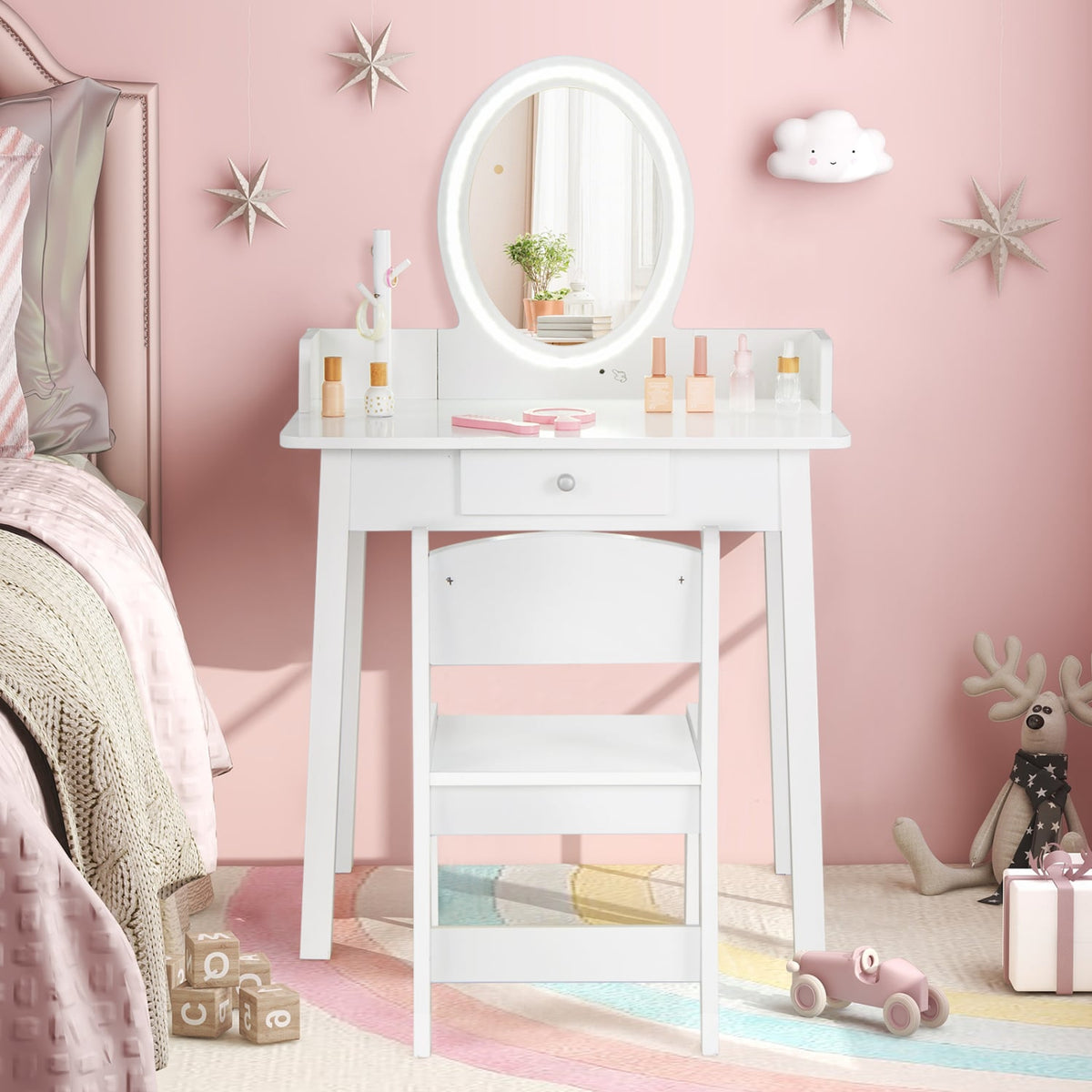 Kids Vanity Set with Lighted Mirror-White-Kids Vanities-DECOROLALA