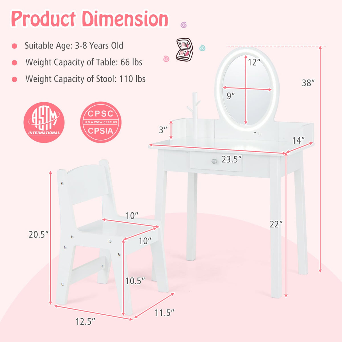 Kids Vanity Set with Lighted Mirror-White-Kids Vanities-DECOROLALA
