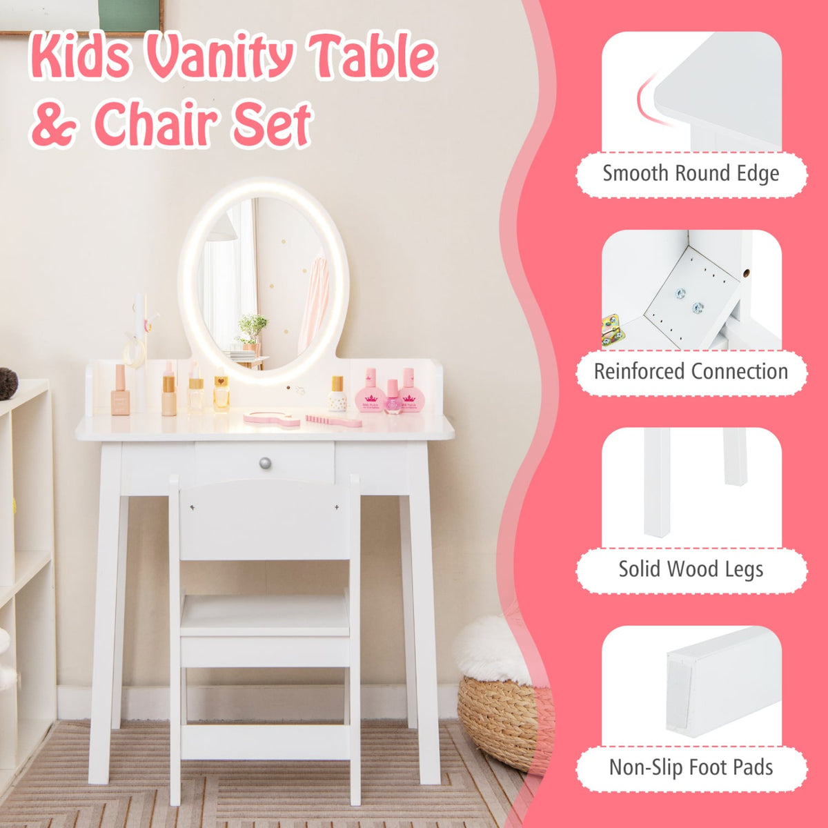 Kids Vanity Set with Lighted Mirror-White-Kids Vanities-DECOROLALA