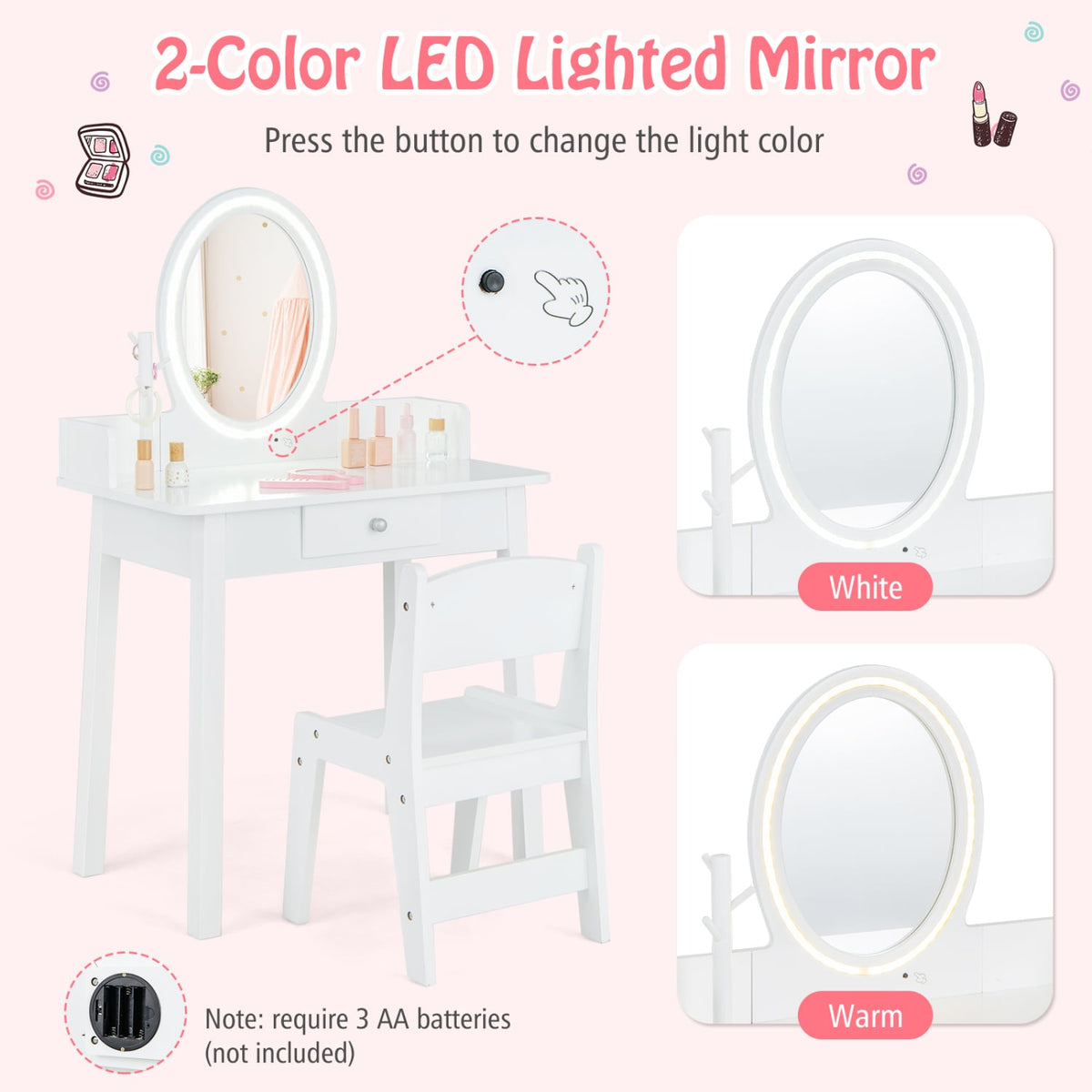 Kids Vanity Set with Lighted Mirror-White-Kids Vanities-DECOROLALA