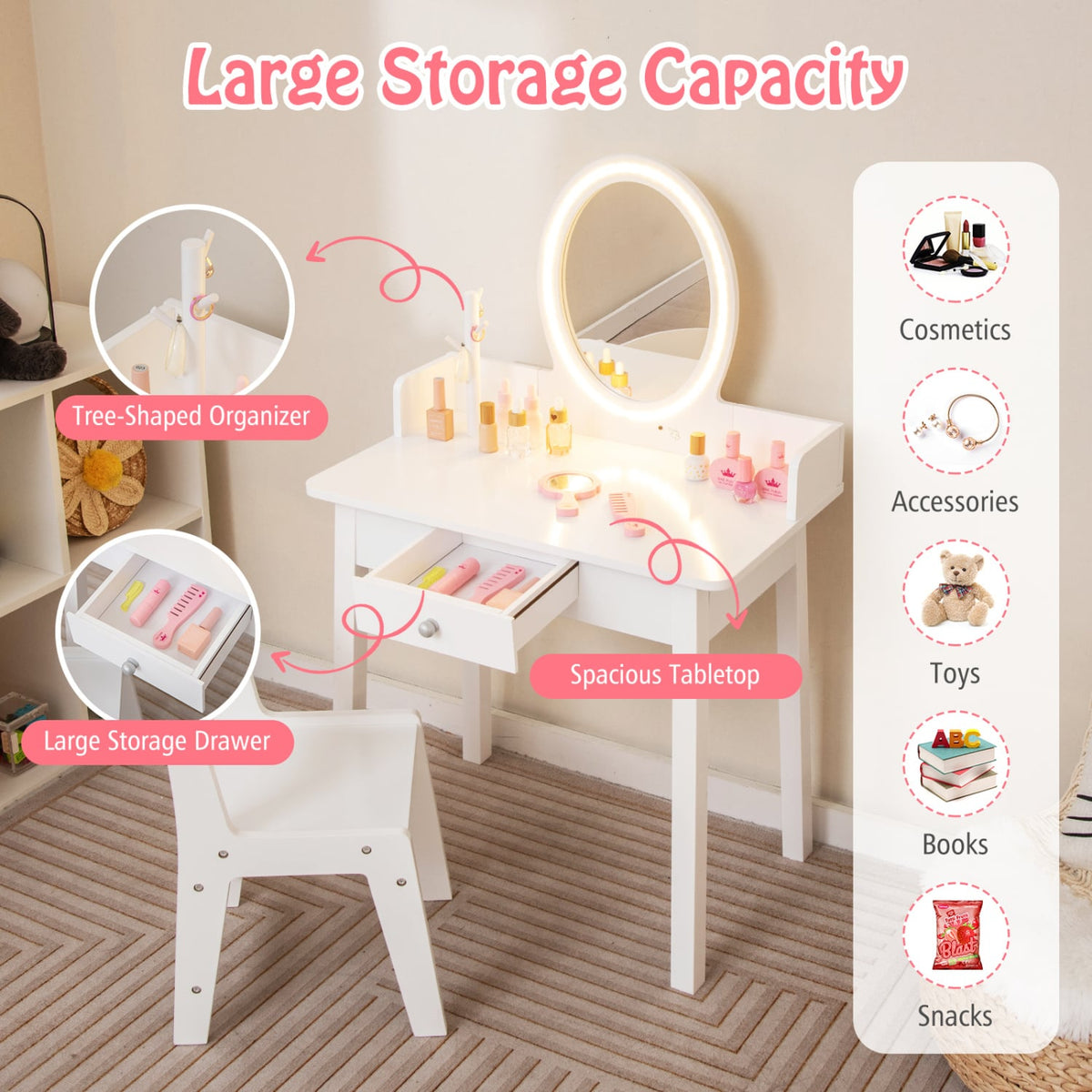 Kids Vanity Set with Lighted Mirror-White-Kids Vanities-DECOROLALA