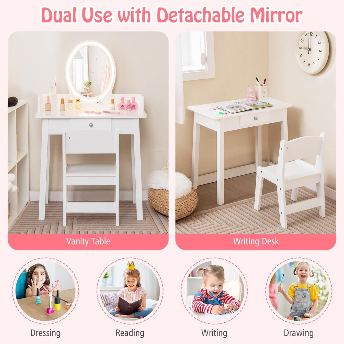 Kids Vanity Set with Lighted Mirror-White-Kids Vanities-DECOROLALA