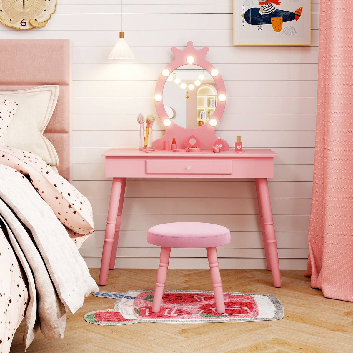 Kids Vanity Set with Lighted Mirror with Adjustable Brightness and Large Drawer-Pink-Kids Vanities-DECOROLALA