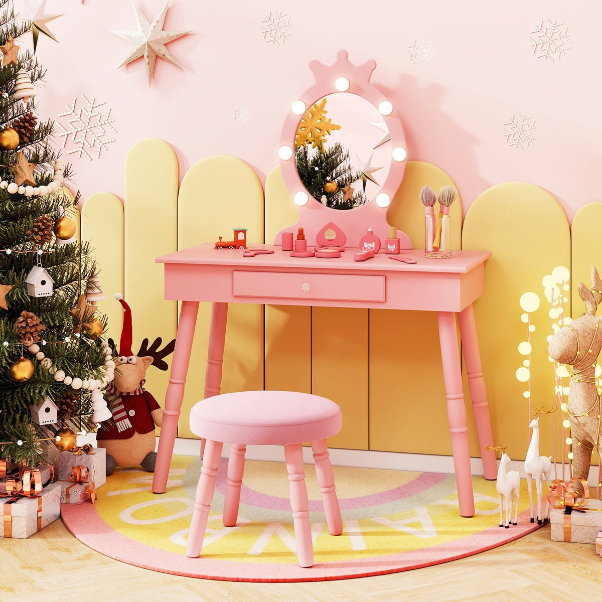 Kids Vanity Set with Lighted Mirror with Adjustable Brightness and Large Drawer-Pink-Kids Vanities-DECOROLALA