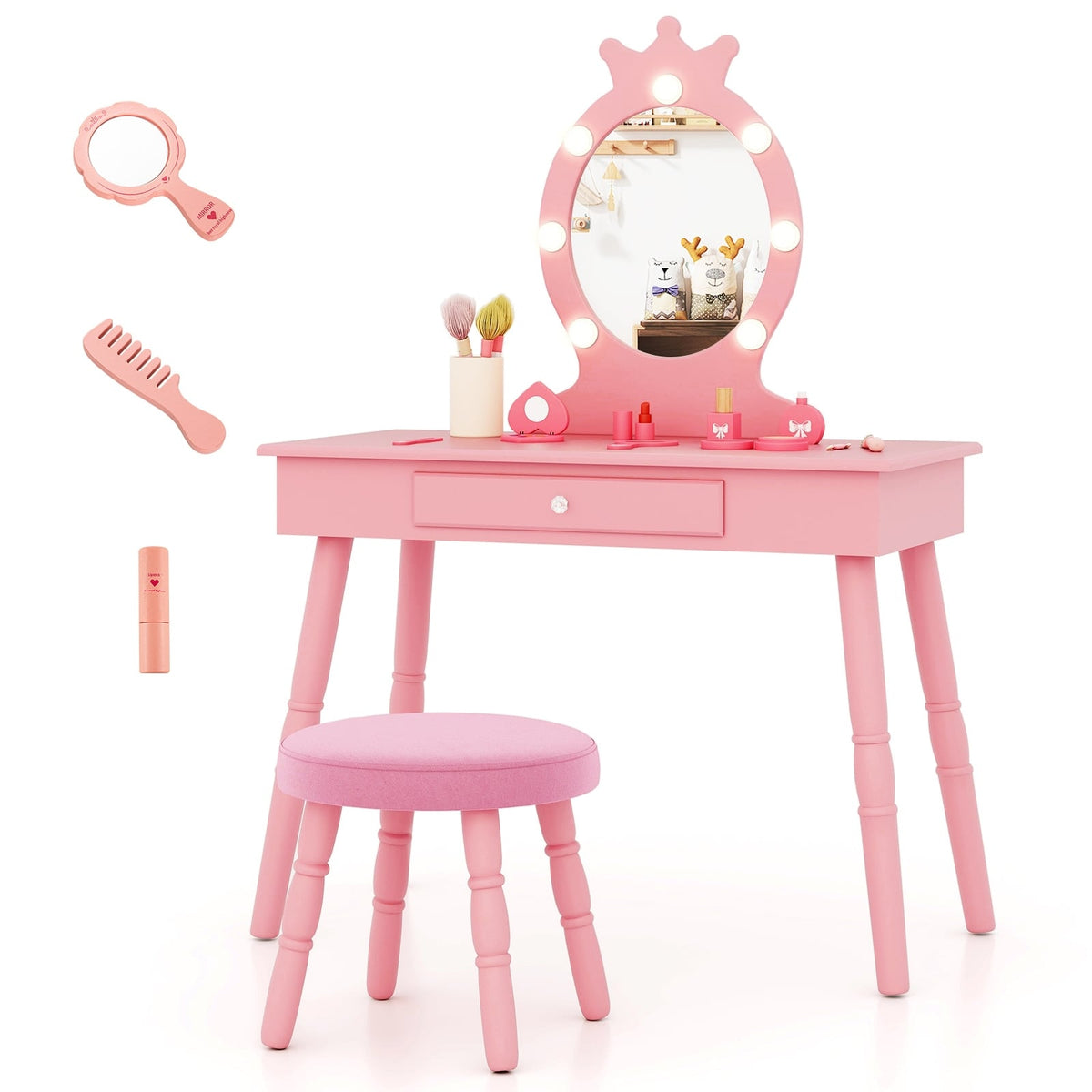 Kids Vanity Set with Lighted Mirror with Adjustable Brightness and Large Drawer-Pink-Kids Vanities-DECOROLALA
