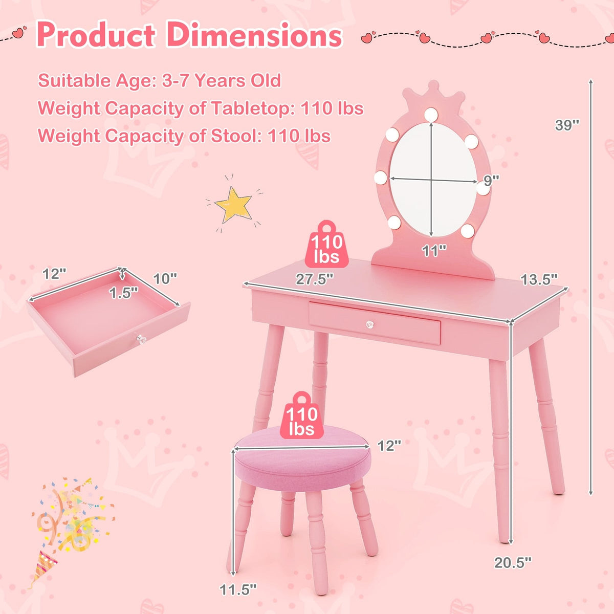 Kids Vanity Set with Lighted Mirror with Adjustable Brightness and Large Drawer-Pink-Kids Vanities-DECOROLALA