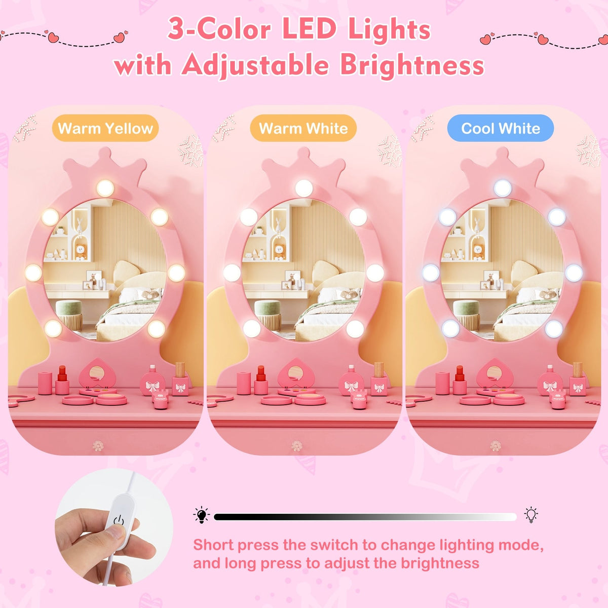 Kids Vanity Set with Lighted Mirror with Adjustable Brightness and Large Drawer-Pink-Kids Vanities-DECOROLALA