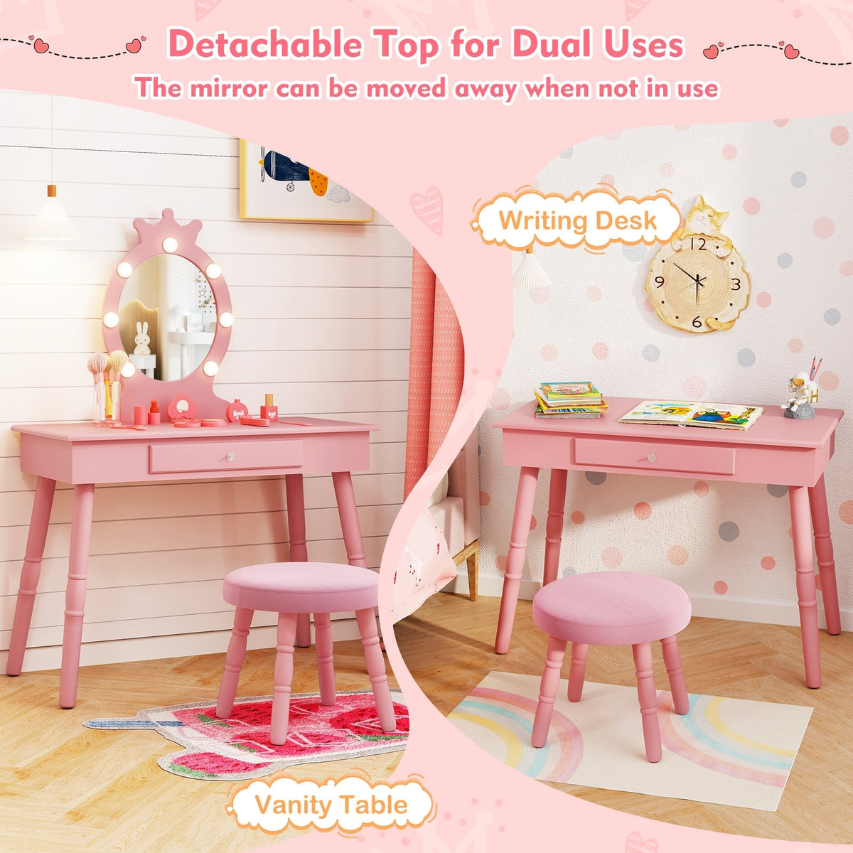 Kids Vanity Set with Lighted Mirror with Adjustable Brightness and Large Drawer-Pink-Kids Vanities-DECOROLALA