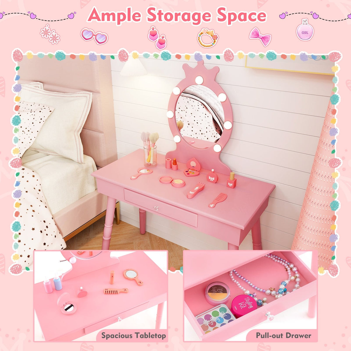 Kids Vanity Set with Lighted Mirror with Adjustable Brightness and Large Drawer-Pink-Kids Vanities-DECOROLALA