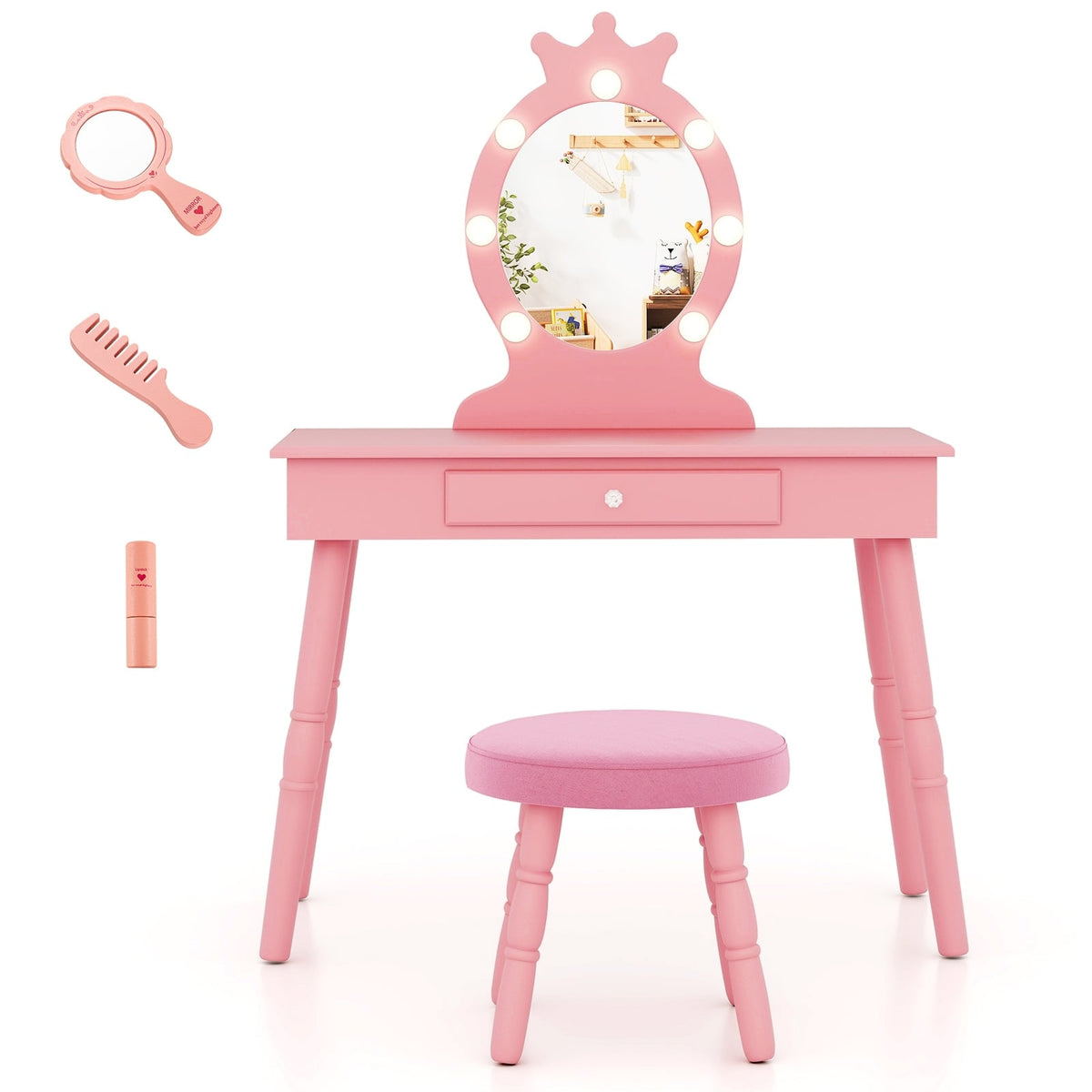 Kids Vanity Set with Lighted Mirror with Adjustable Brightness and Large Drawer-Pink-Kids Vanities-DECOROLALA