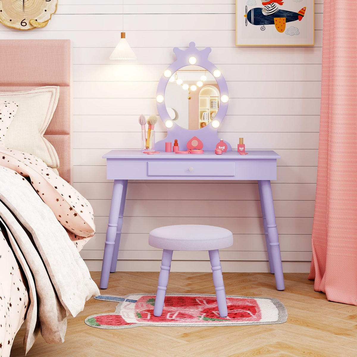 Kids Vanity Set with Lighted Mirror with Adjustable Brightness and Large Drawer-Purple-Kids Vanities-DECOROLALA