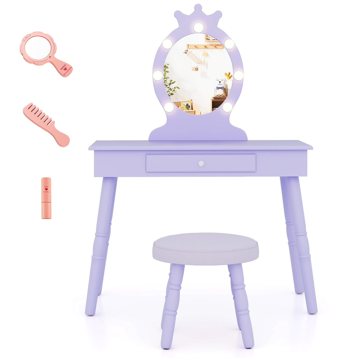 Kids Vanity Set with Lighted Mirror with Adjustable Brightness and Large Drawer-Purple-Kids Vanities-DECOROLALA