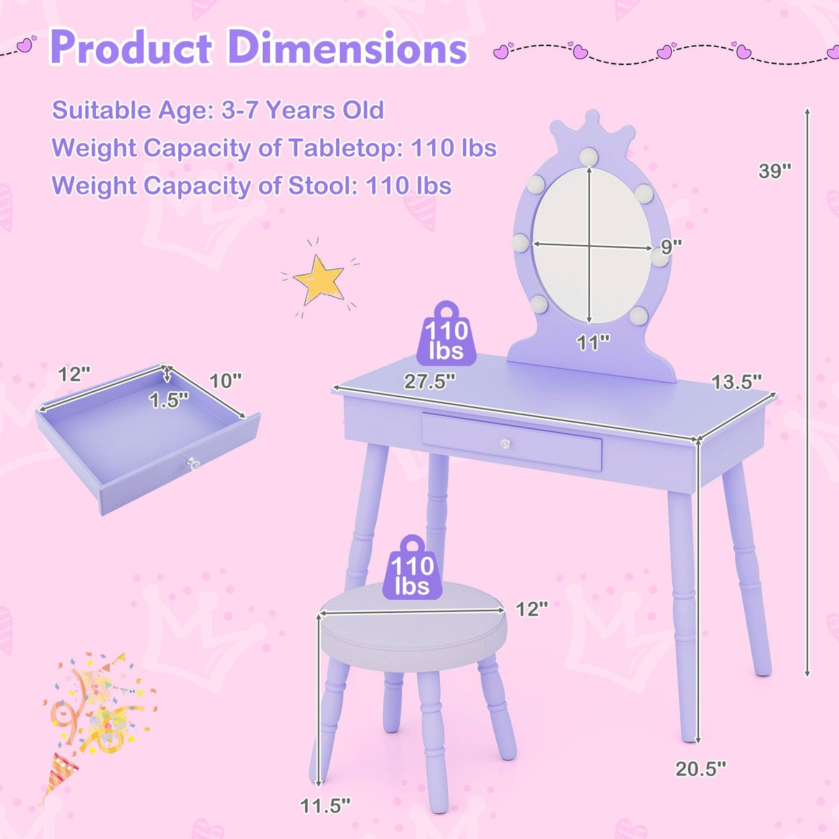 Kids Vanity Set with Lighted Mirror with Adjustable Brightness and Large Drawer-Purple-Kids Vanities-DECOROLALA