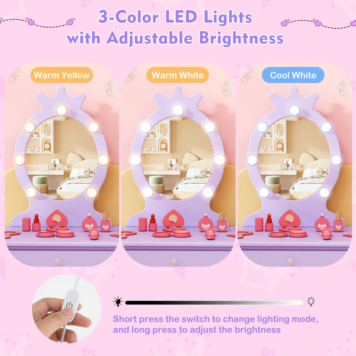 Kids Vanity Set with Lighted Mirror with Adjustable Brightness and Large Drawer-Purple-Kids Vanities-DECOROLALA