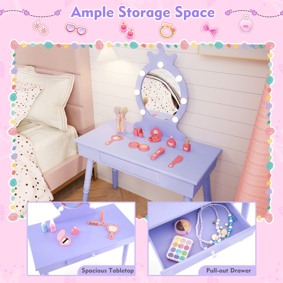 Kids Vanity Set with Lighted Mirror with Adjustable Brightness and Large Drawer-Purple-Kids Vanities-DECOROLALA
