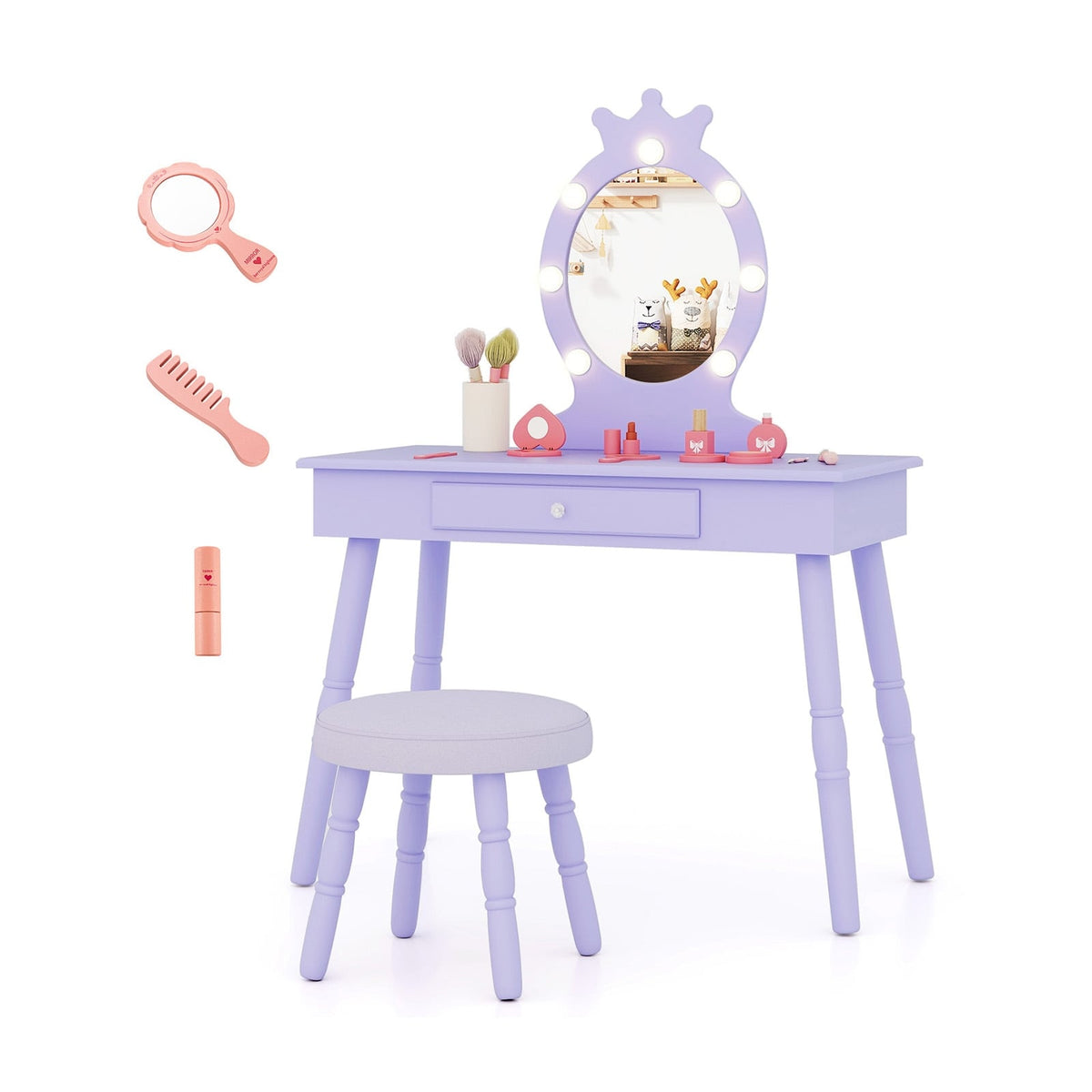 Kids Vanity Set with Lighted Mirror with Adjustable Brightness and Large Drawer-Purple-Kids Vanities-DECOROLALA