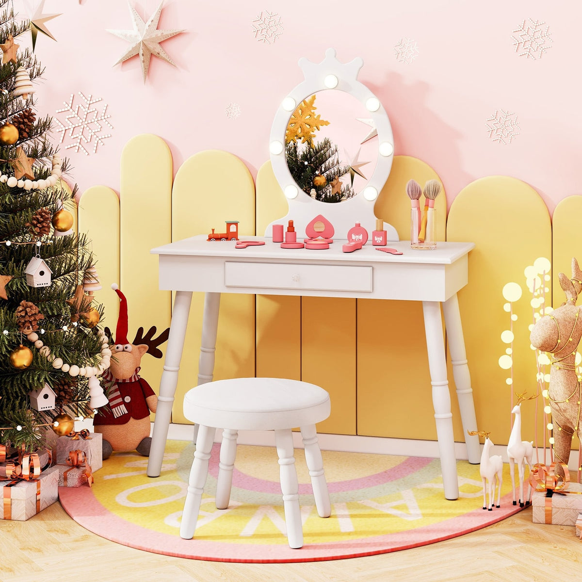 Kids Vanity Set with Lighted Mirror with Adjustable Brightness and Large Drawer-White-Kids Vanities-DECOROLALA