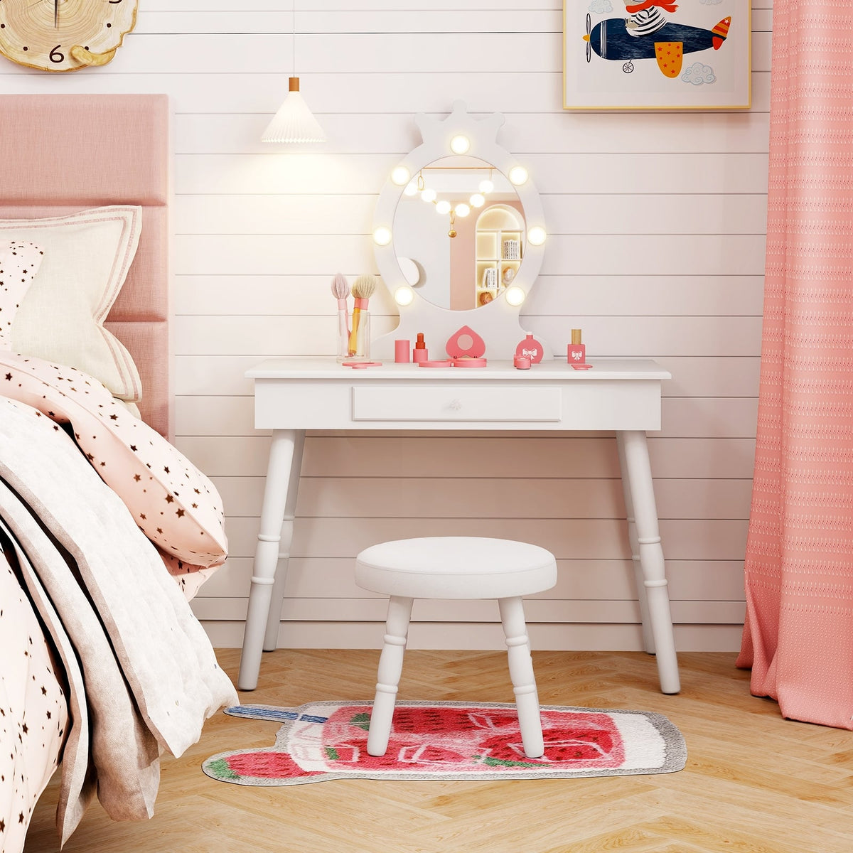 Kids Vanity Set with Lighted Mirror with Adjustable Brightness and Large Drawer-White-Kids Vanities-DECOROLALA