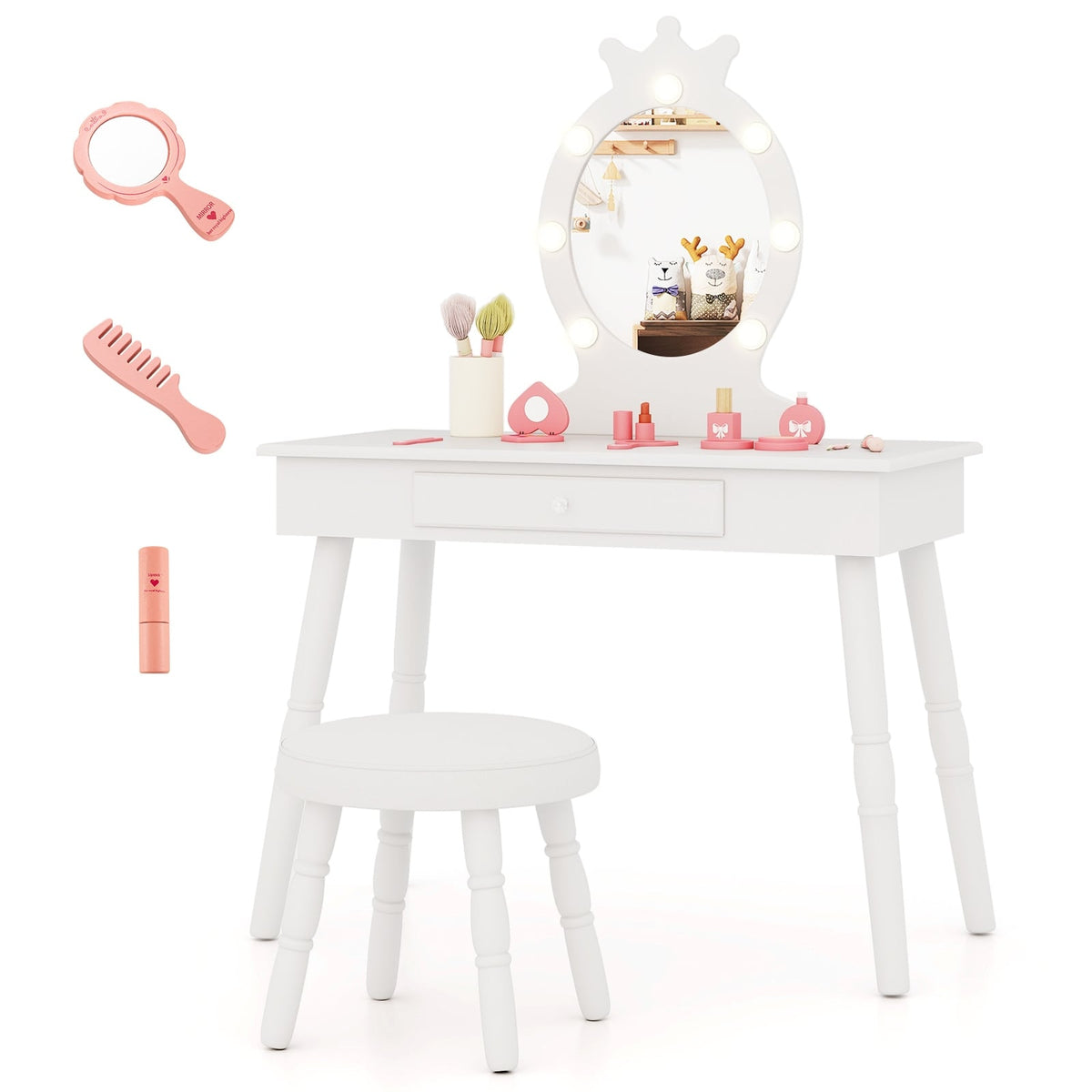 Kids Vanity Set with Lighted Mirror with Adjustable Brightness and Large Drawer-White-Kids Vanities-DECOROLALA