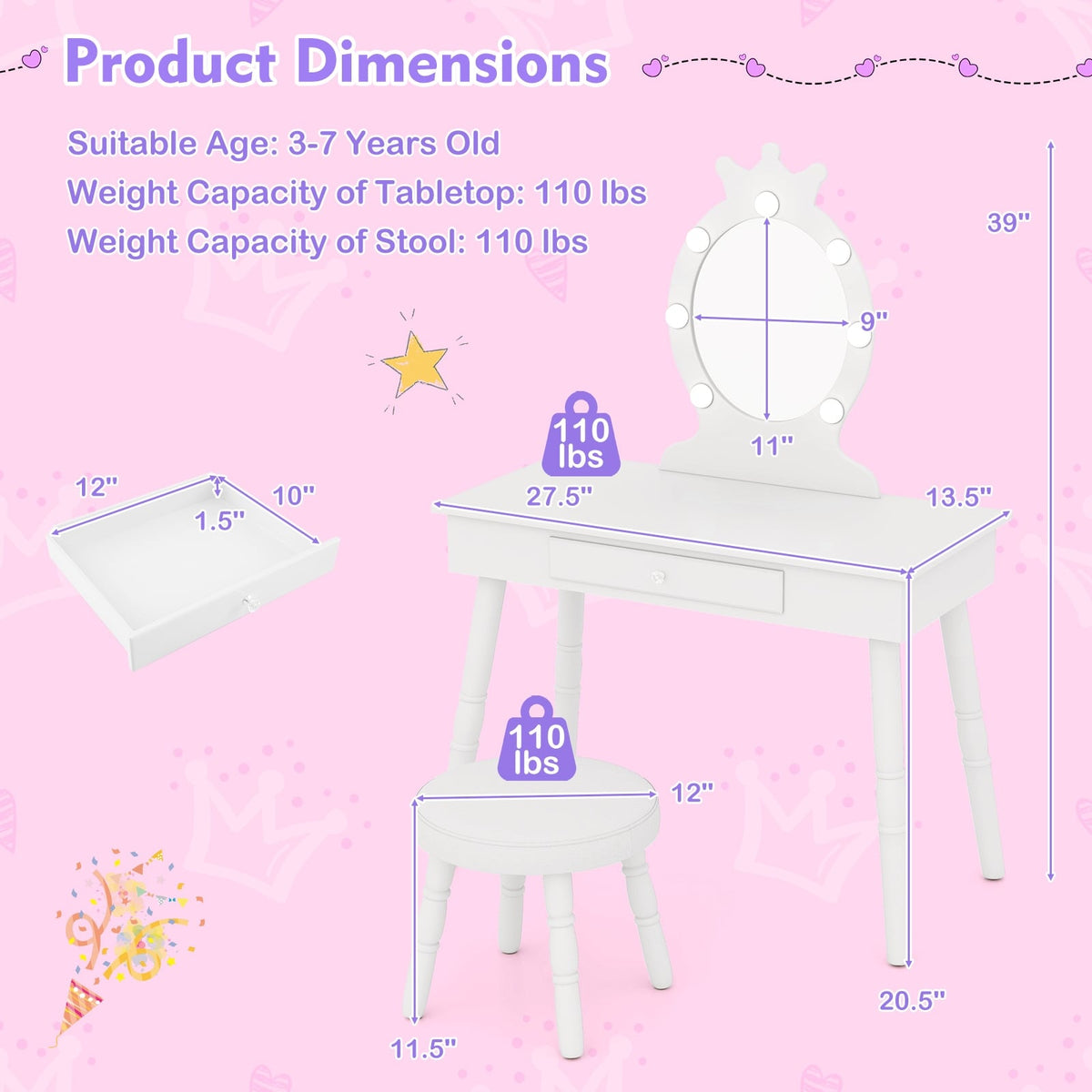 Kids Vanity Set with Lighted Mirror with Adjustable Brightness and Large Drawer-White-Kids Vanities-DECOROLALA