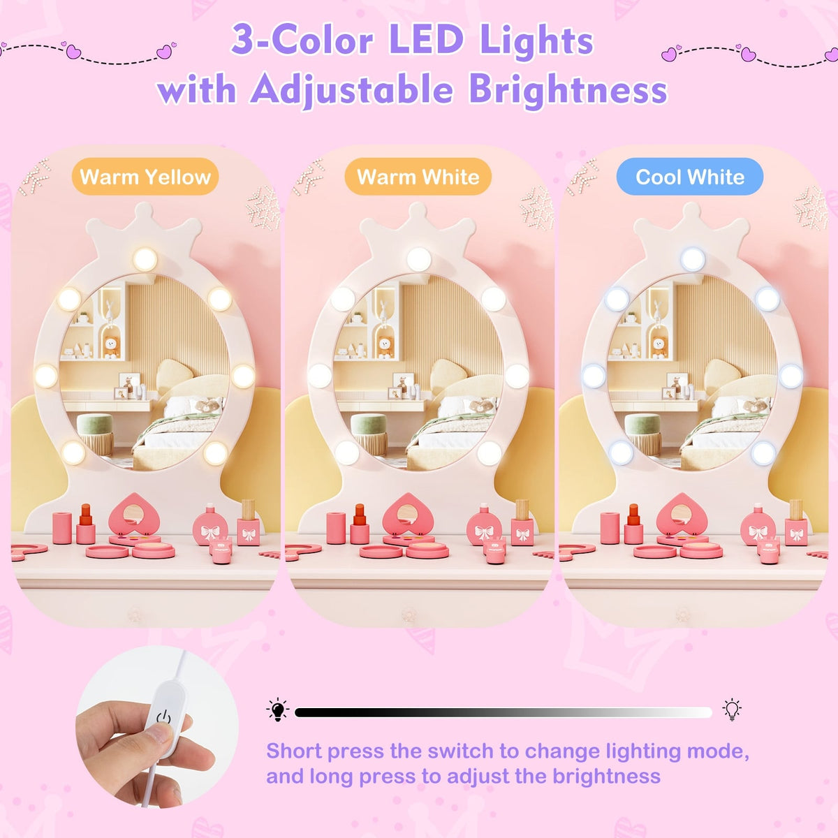 Kids Vanity Set with Lighted Mirror with Adjustable Brightness and Large Drawer-White-Kids Vanities-DECOROLALA