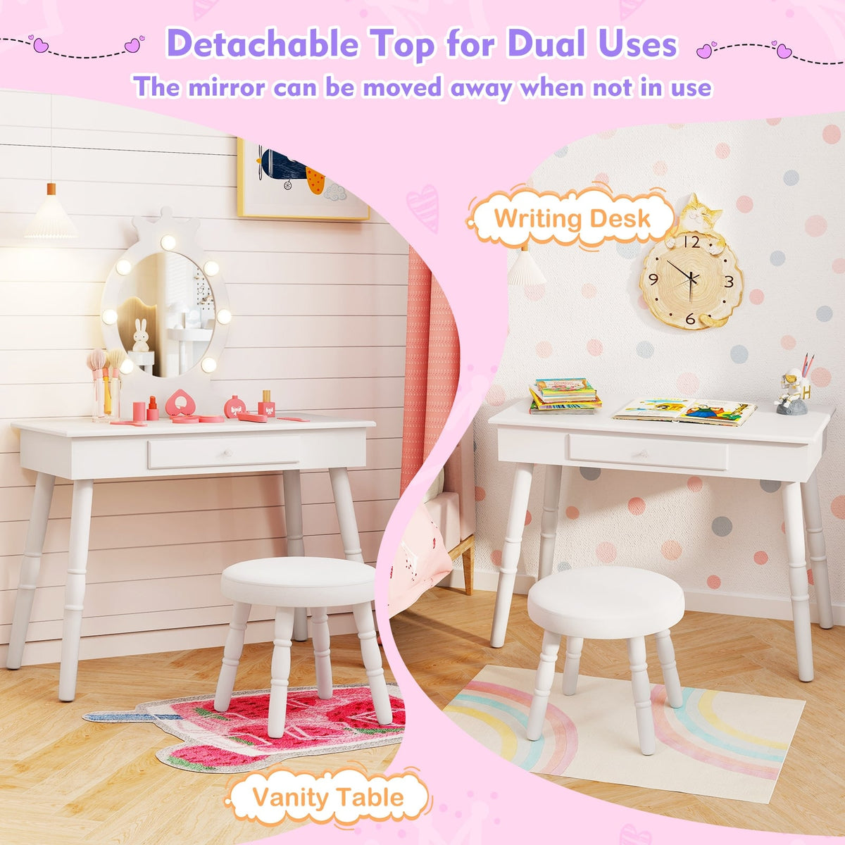 Kids Vanity Set with Lighted Mirror with Adjustable Brightness and Large Drawer-White-Kids Vanities-DECOROLALA