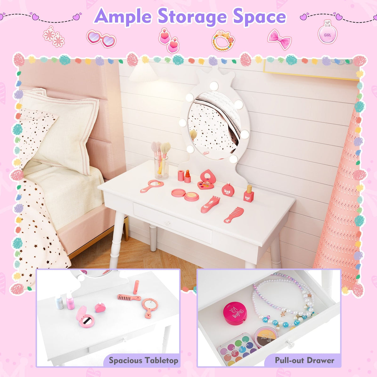 Kids Vanity Set with Lighted Mirror with Adjustable Brightness and Large Drawer-White-Kids Vanities-DECOROLALA