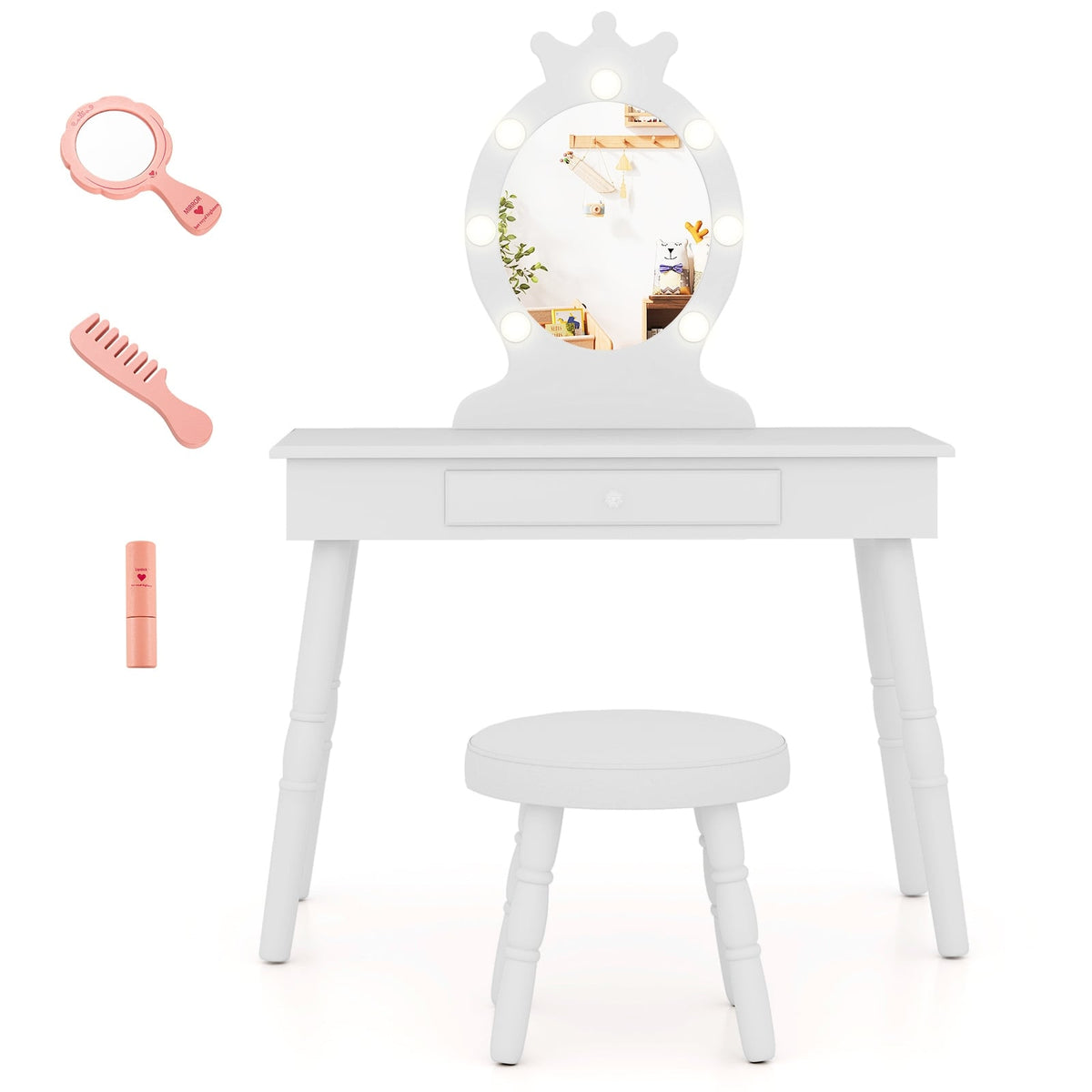 Kids Vanity Set with Lighted Mirror with Adjustable Brightness and Large Drawer-White-Kids Vanities-DECOROLALA