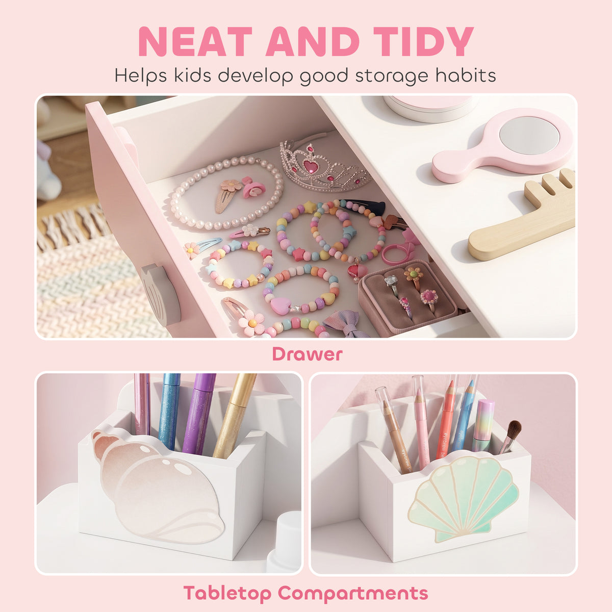 Aosom Kids Vanity Set with Lights, Mirror and Stool - Pink-Toys & Games > Baby & Toddler Toys > Toy Playsets > Toy Vanity-DECOROLALA