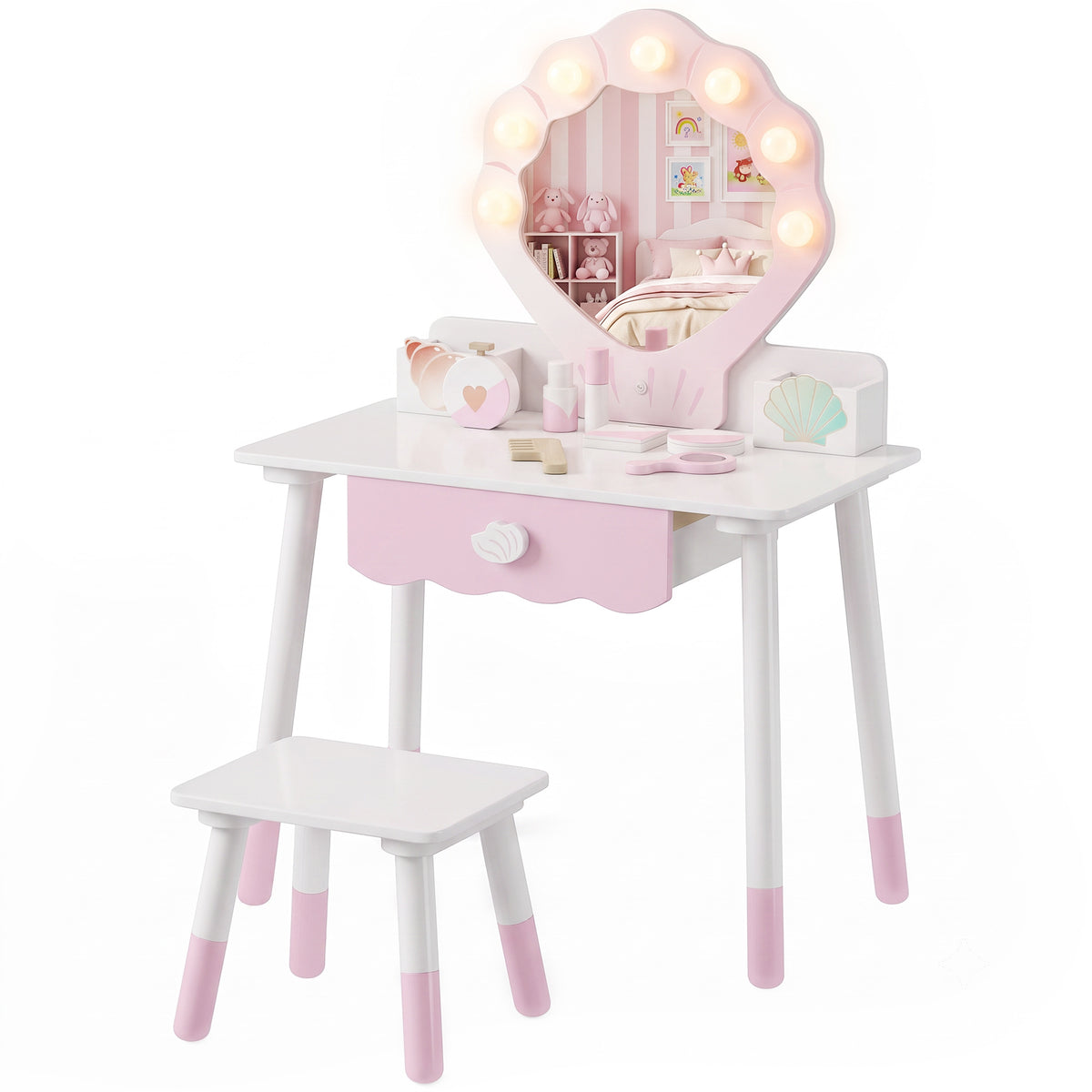 Aosom Kids Vanity Set with Lights, Mirror and Stool - Pink-Toys & Games > Baby & Toddler Toys > Toy Playsets > Toy Vanity-DECOROLALA