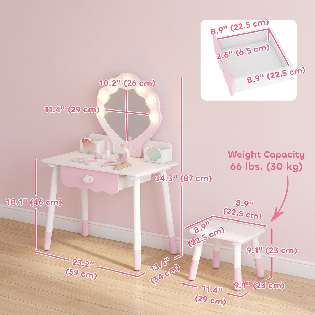Aosom Kids Vanity Set with Lights, Mirror and Stool - Pink-Toys & Games > Baby & Toddler Toys > Toy Playsets > Toy Vanity-DECOROLALA