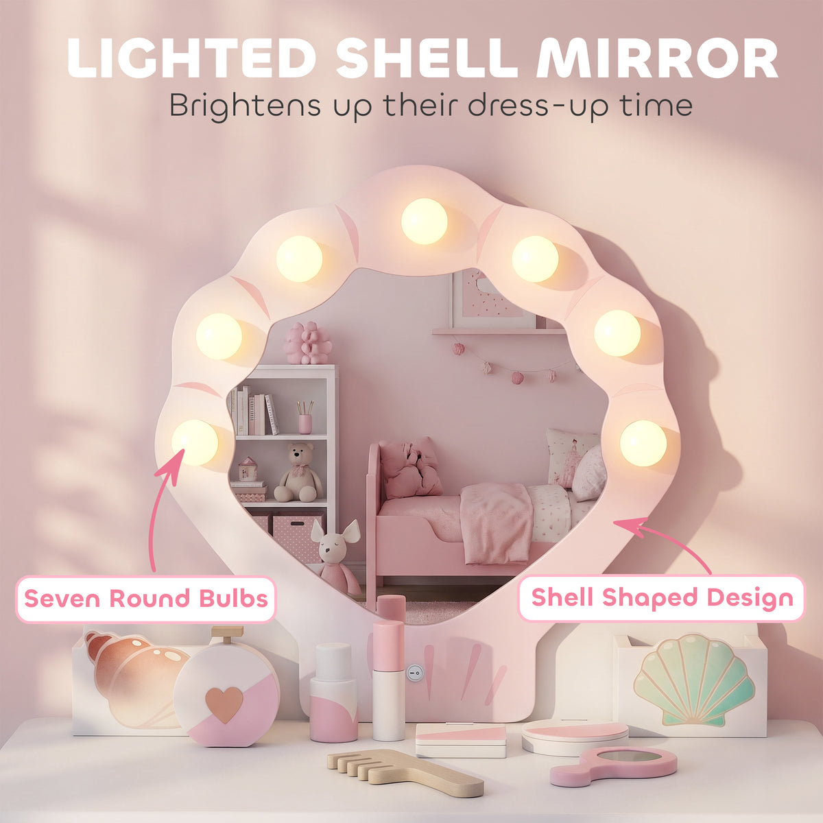 Aosom Kids Vanity Set with Lights, Mirror and Stool - Pink-Toys & Games > Baby & Toddler Toys > Toy Playsets > Toy Vanity-DECOROLALA