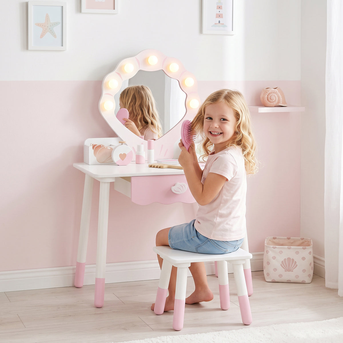 Aosom Kids Vanity Set with Lights, Mirror and Stool - Pink-Toys & Games > Baby & Toddler Toys > Toy Playsets > Toy Vanity-DECOROLALA