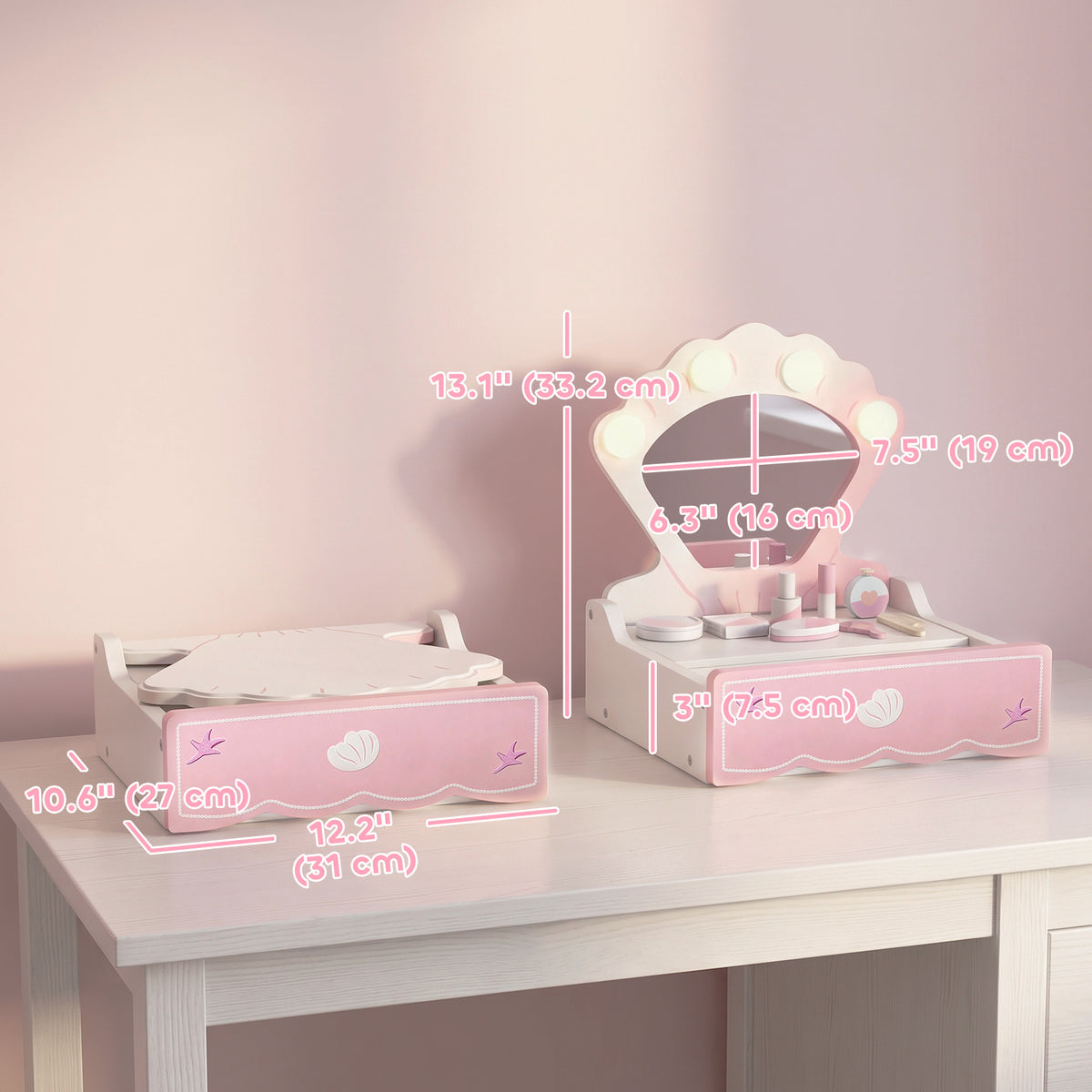 Aosom Kids Vanity Set with Lights and Mirror - Pink 13"-Toys & Games > Baby & Toddler Toys > Toy Playsets > Toy Vanity-DECOROLALA