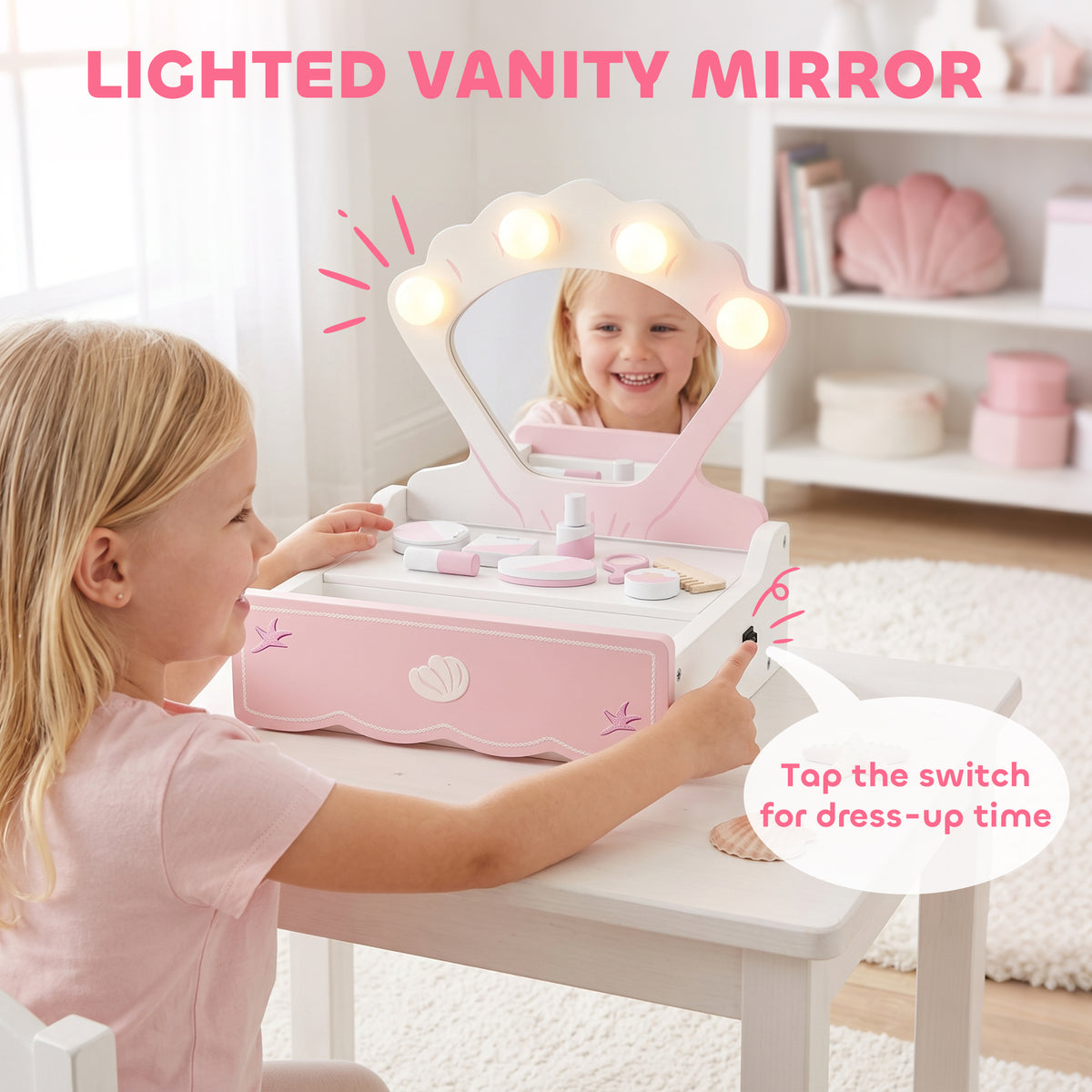 Aosom Kids Vanity Set with Lights and Mirror - Pink 13"-Toys & Games > Baby & Toddler Toys > Toy Playsets > Toy Vanity-DECOROLALA