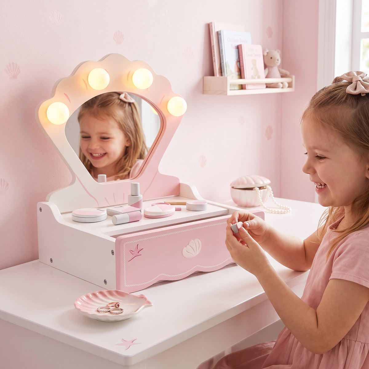 Aosom Kids Vanity Set with Lights and Mirror - Pink 13"-Toys & Games > Baby & Toddler Toys > Toy Playsets > Toy Vanity-DECOROLALA