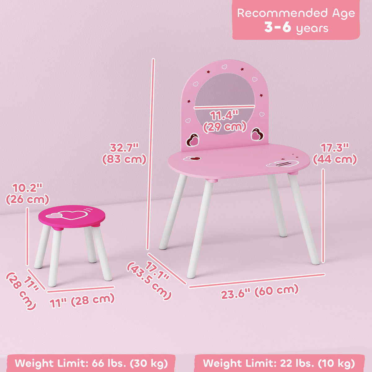 Kids Dressing Table with Mirror and Stool, Girls Vanity Set for Bedroom, Nursery, for Ages 3-6, Pink-Toys & Games > Toddler & Kids Furniture > Kids Bedroom Furniture-DECOROLALA