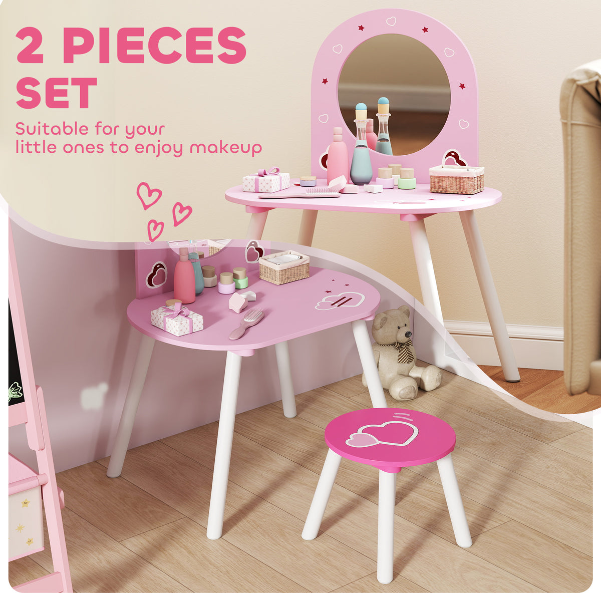 Kids Vanity Set with Mirror and Stool - Pink, Ages 3-6-Toys & Games > Toddler & Kids Furniture > Kids Bedroom Furniture-DECOROLALA