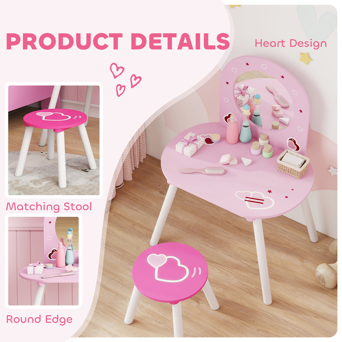Kids Vanity Set with Mirror and Stool - Pink, Ages 3-6-Toys & Games > Toddler & Kids Furniture > Kids Bedroom Furniture-DECOROLALA