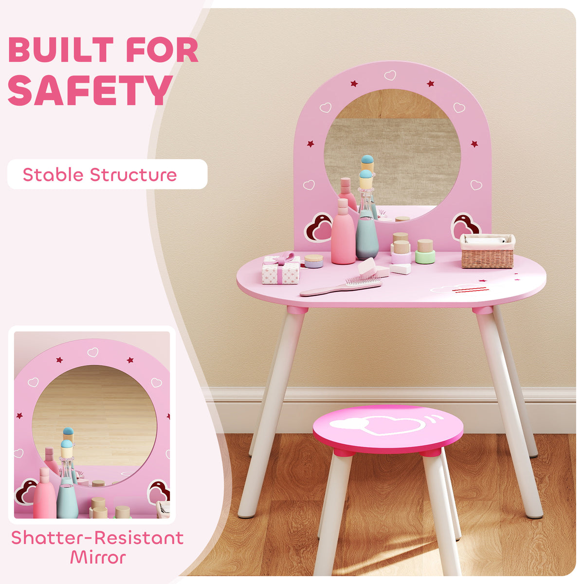 Kids Vanity Set with Mirror and Stool - Pink, Ages 3-6-Toys & Games > Toddler & Kids Furniture > Kids Bedroom Furniture-DECOROLALA