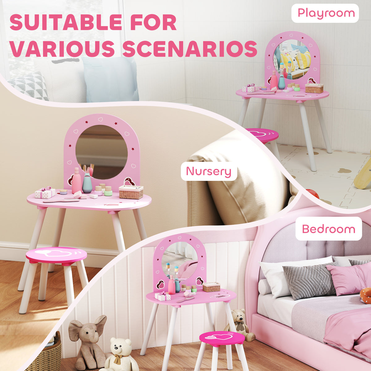 Kids Vanity Set with Mirror and Stool - Pink, Ages 3-6-Toys & Games > Toddler & Kids Furniture > Kids Bedroom Furniture-DECOROLALA