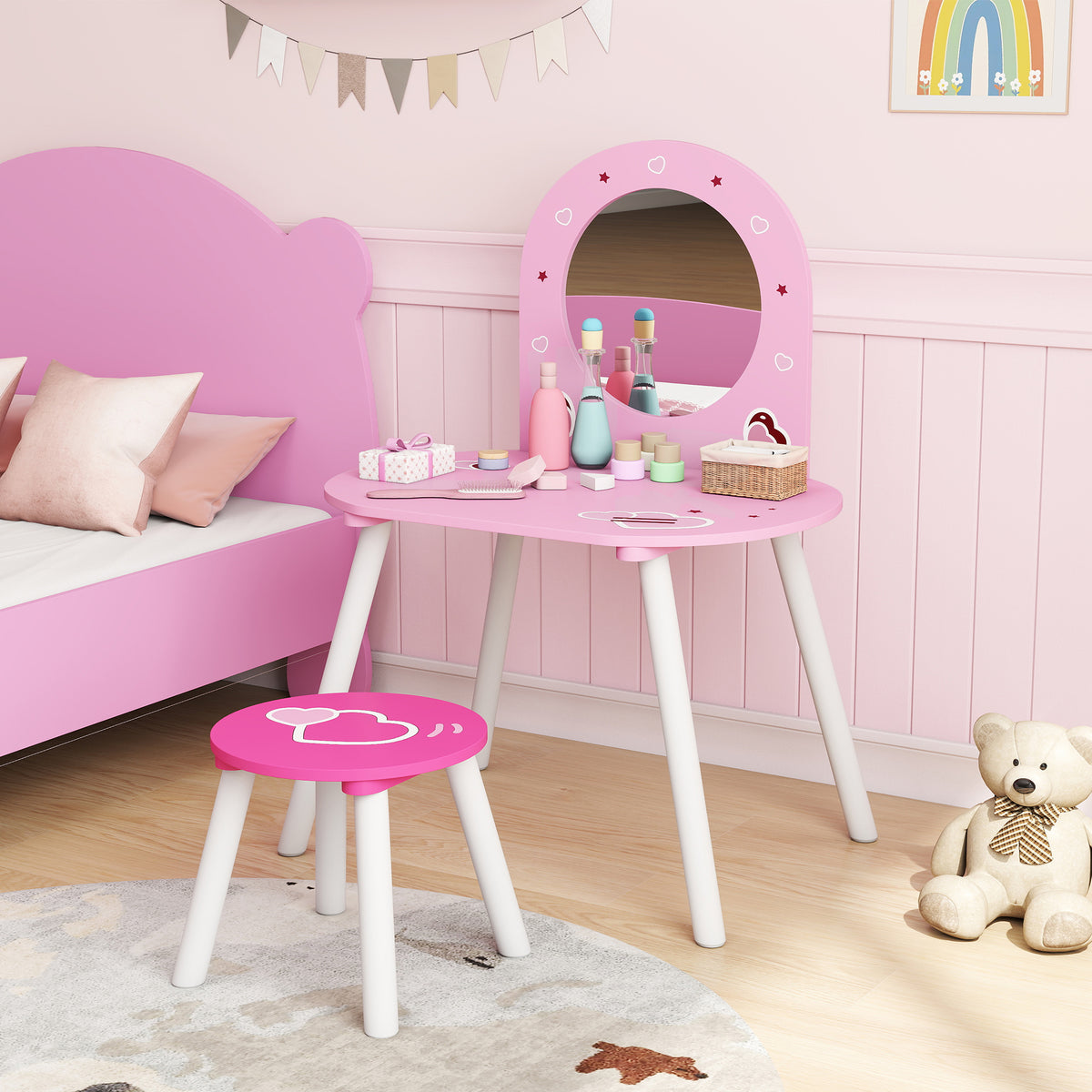 Kids Vanity Set with Mirror and Stool - Pink, Ages 3-6-Toys & Games > Toddler & Kids Furniture > Kids Bedroom Furniture-DECOROLALA