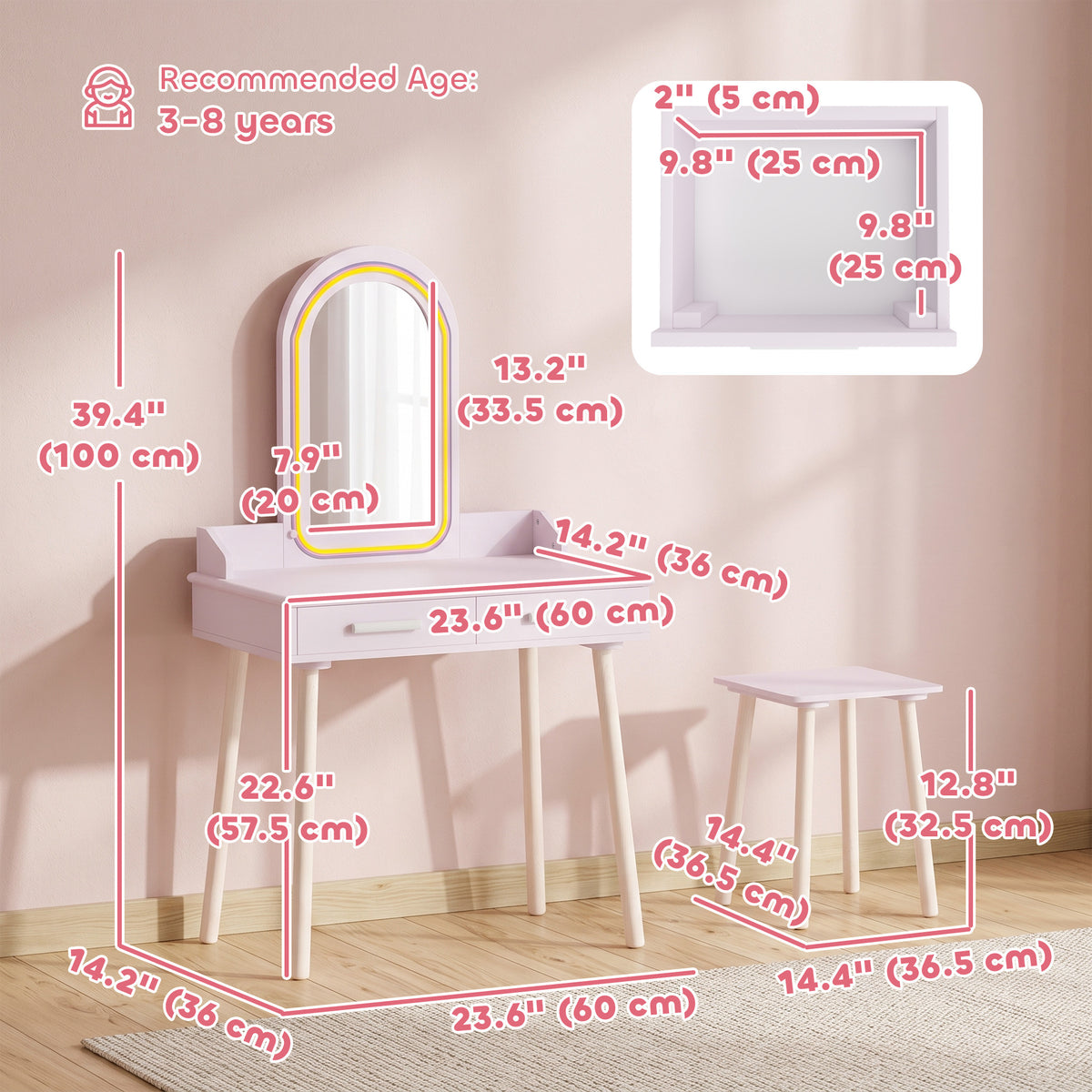 Kids Dressing Table, Girls Vanity Set with Stool, 3-Colour LED Lights Mirror, Large Drawer for Ages 3-8, Pink-Toys & Games > Toddler & Kids Furniture > Kids Bedroom Furniture-DECOROLALA