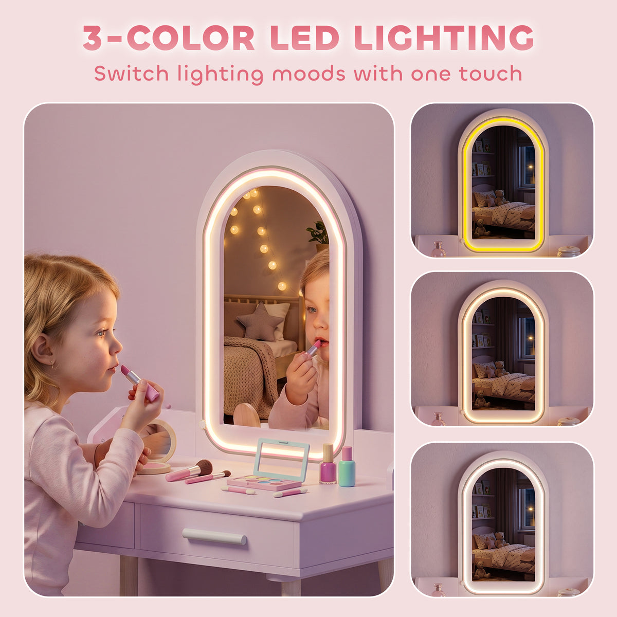 Kids Vanity Set with Stool, 3-Color LED Mirror, Pink-Toys & Games > Toddler & Kids Furniture > Kids Bedroom Furniture-DECOROLALA