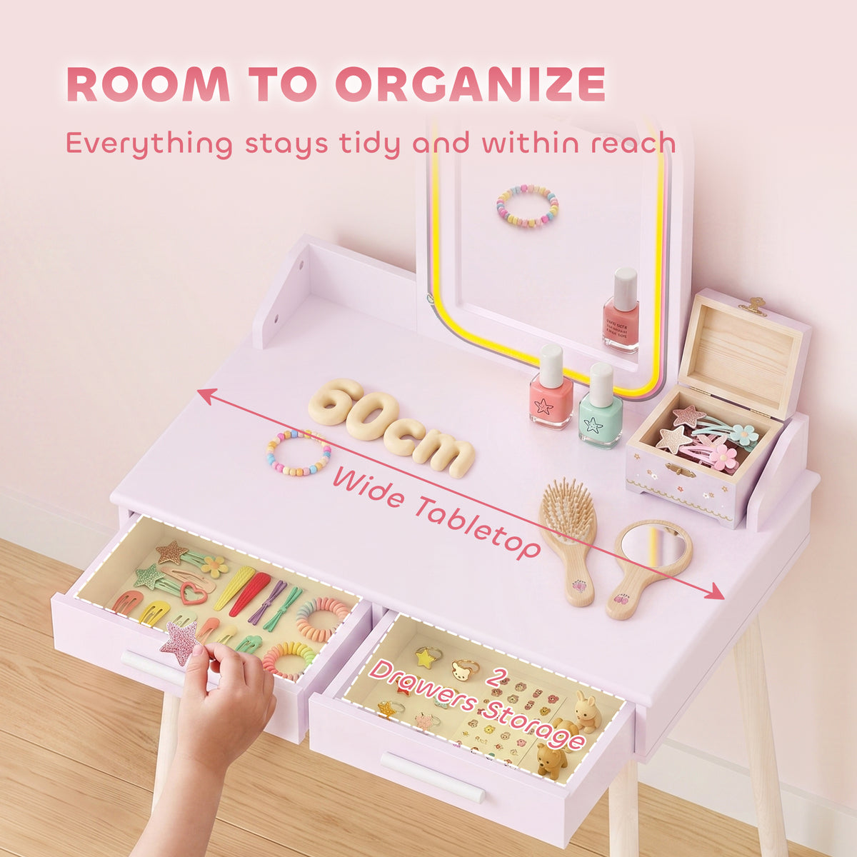 Kids Vanity Set with Stool, 3-Color LED Mirror, Pink-Toys & Games > Toddler & Kids Furniture > Kids Bedroom Furniture-DECOROLALA
