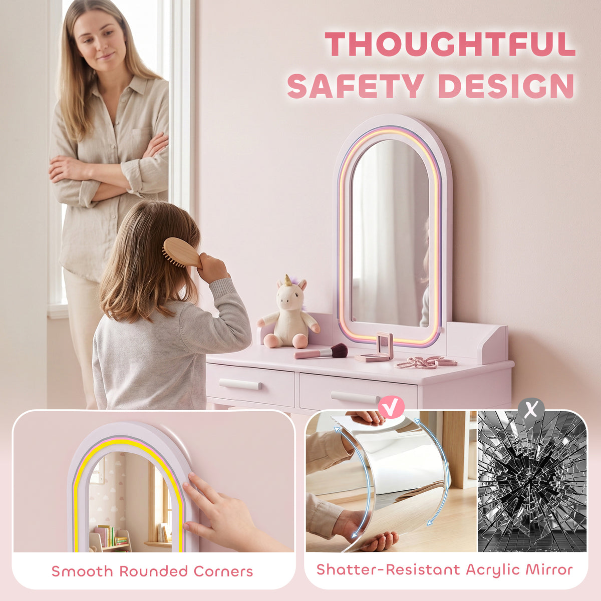 Kids Vanity Set with Stool, 3-Color LED Mirror, Pink-Toys & Games > Toddler & Kids Furniture > Kids Bedroom Furniture-DECOROLALA