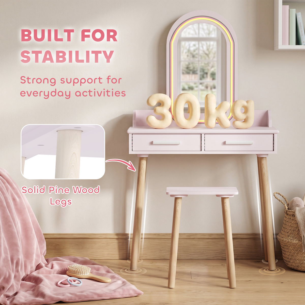 Kids Vanity Set with Stool, 3-Color LED Mirror, Pink-Toys & Games > Toddler & Kids Furniture > Kids Bedroom Furniture-DECOROLALA