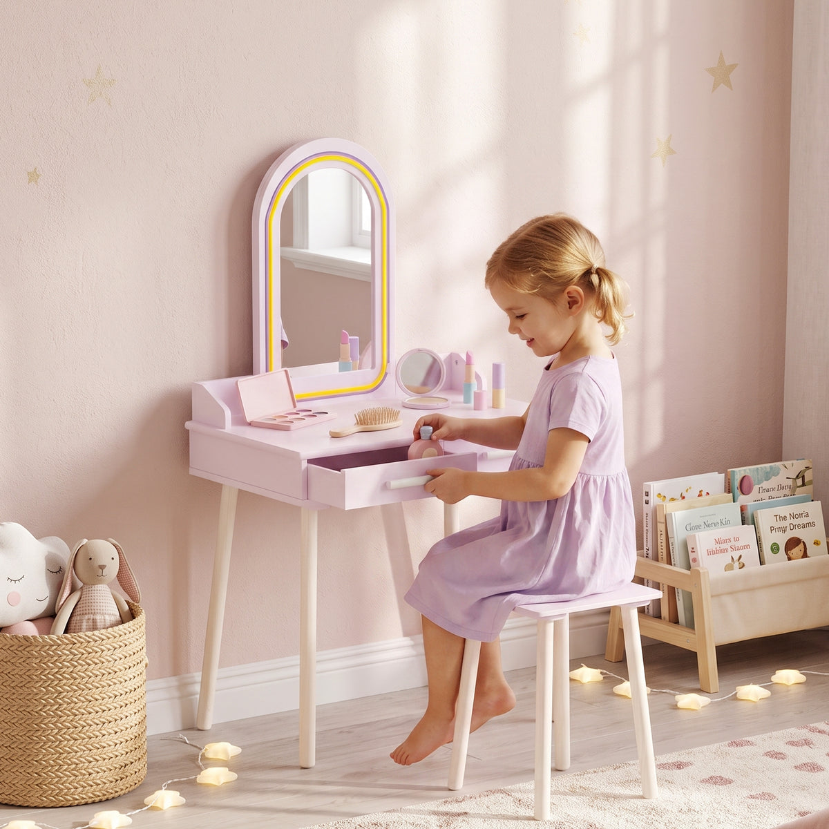 Kids Vanity Set with Stool, 3-Color LED Mirror, Pink-Toys & Games > Toddler & Kids Furniture > Kids Bedroom Furniture-DECOROLALA